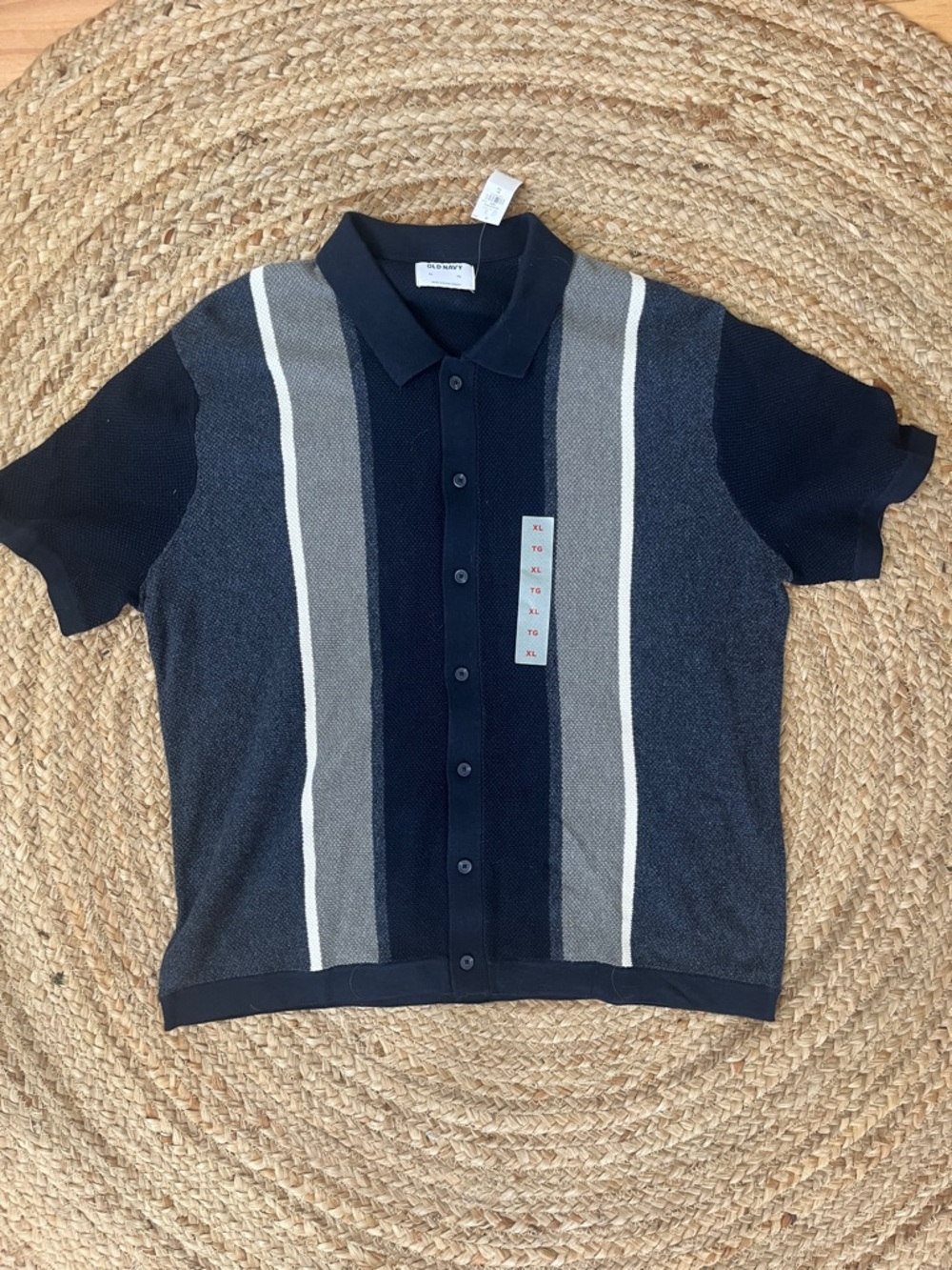 Old Navy Navy, Gray & Cream Vertical Stripe Knit Polo